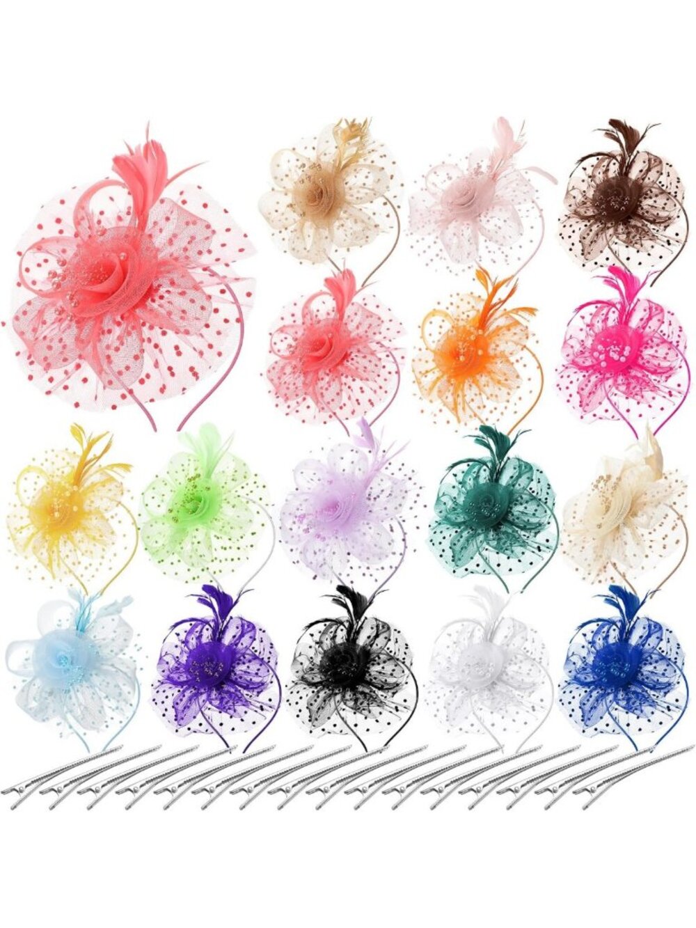 16 Pcs Flower Mesh Fascinators for Women - Tea Party, Wedding, Cocktail Hats